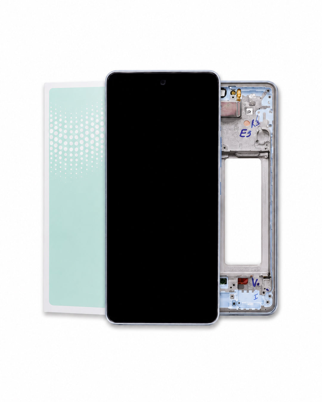 A replacement smartphone screen assembly shown disassembled, featuring a black front glass panel, a light blue protective adhesive liner, and a silver metal inner frame on a white background.