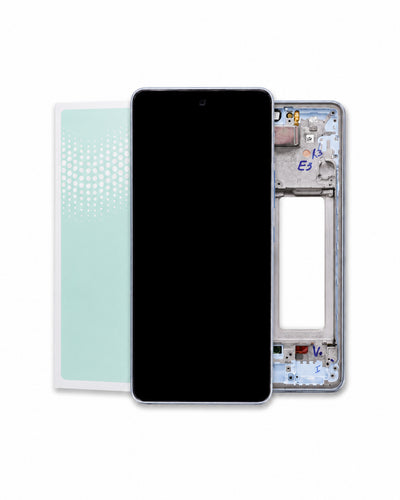 A replacement smartphone screen assembly shown disassembled, featuring a black front glass panel, a light blue protective adhesive liner, and a silver metal inner frame on a white background.