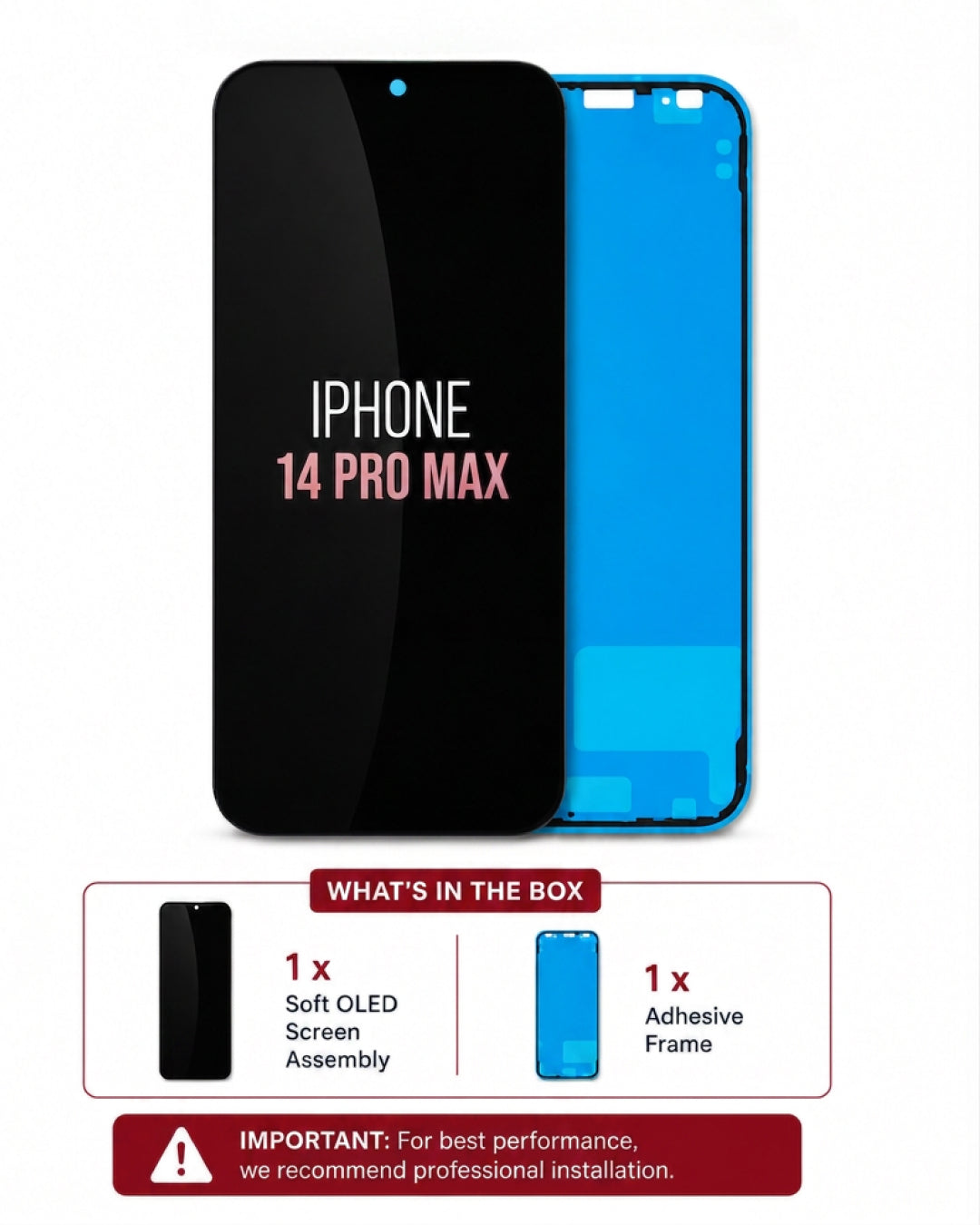 An iPhone 14 Pro Max screen assembly shown on a white background, with the front panel in black and the back panel in bright blue. Text on the screen reads 'IPHONE 14 PRO MAX.