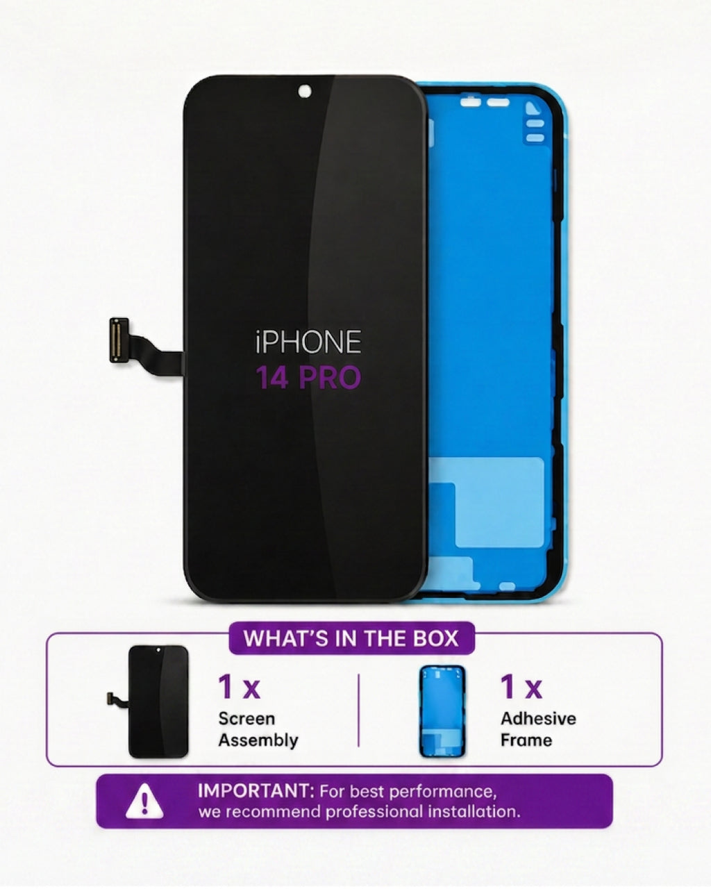 An iPhone 14 Pro replacement screen assembly and adhesive frame kit shown on a white background, with a 'What's in the box' summary at the bottom.