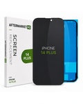 AFTERMARKET HQ screen replacement film for iPhone 14 Plus, shown with its white retail box and a black tempered glass screen protector overlaying a blue iPhone 14 Plus.