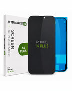 AFTERMARKET HQ screen replacement film for iPhone 14 Plus, shown with its white retail box and a black tempered glass screen protector overlaying a blue iPhone 14 Plus.