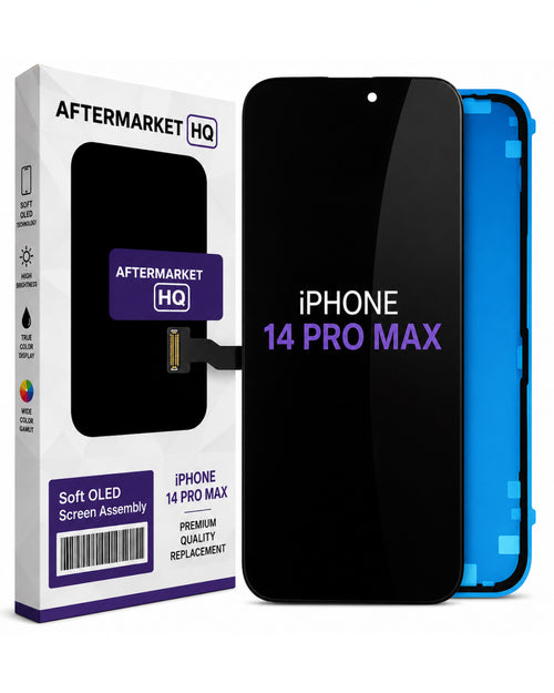Aftermarket HQ iPhone 14 Pro Max replacement screen assembly kit, showing the retail box, the black replacement screen with a gold connector tab, and a bright blue protective film on a white background.