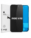 An Apple iPhone 14 Pro replacement screen display assembly shown with its white retail box, featuring a black front glass panel with white text and a bright blue rear panel.