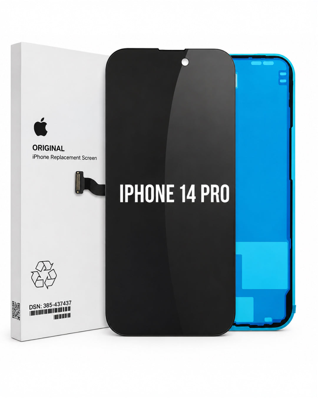 An Apple iPhone 14 Pro replacement screen display assembly shown with its white retail box, featuring a black front glass panel with white text and a bright blue rear panel.