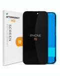 A replacement screen for an iPhone 15, shown with its white retail box. The screen itself is black with the text 'IPHONE 15' in white and orange, and a blue inner frame is visible behind it.
