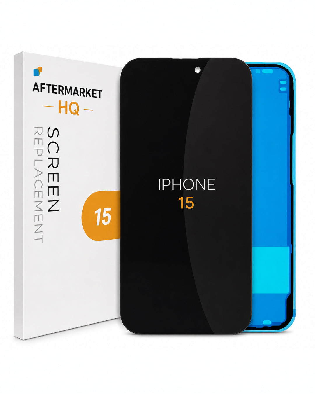 A replacement screen for an iPhone 15, shown with its white retail box. The screen itself is black with the text 'IPHONE 15' in white and orange, and a blue inner frame is visible behind it.