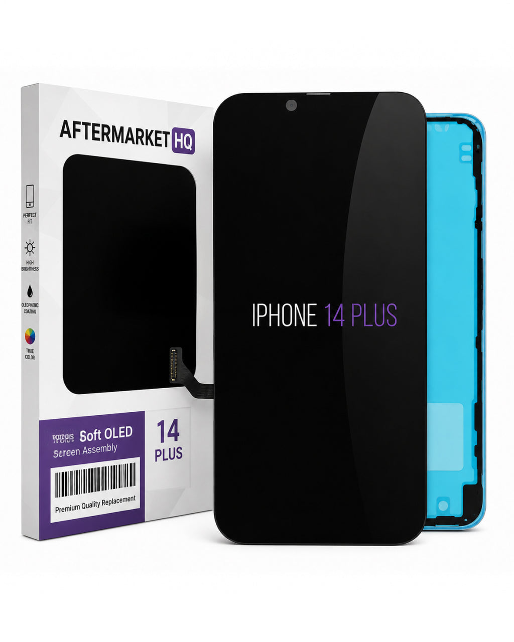 A replacement screen assembly for an iPhone 14 Plus, shown with its white and purple packaging box. The screen assembly is black with a glossy finish and displays 'IPHONE 14 PLUS' in white and purple text, with a bright blue backlight visible on the right side.