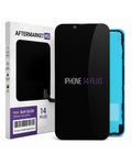 A replacement screen assembly for an iPhone 14 Plus, shown with its white and purple packaging box. The screen assembly is black with a glossy finish and displays 'IPHONE 14 PLUS' in white and purple text, with a bright blue backlight visible on the right side.