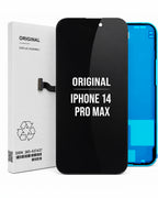 Original replacement display assembly for an iPhone 14 Pro Max, shown with its white packaging box and a blue phone body visible behind it.