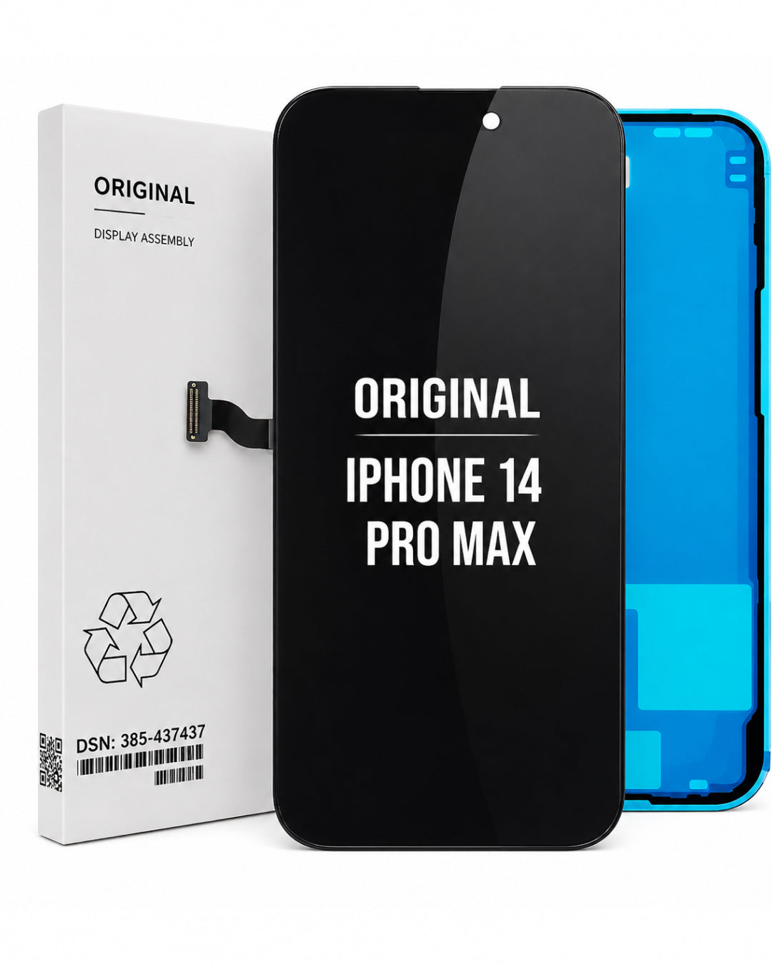Original replacement display assembly for an iPhone 14 Pro Max, shown with its white packaging box and a blue phone body visible behind it.