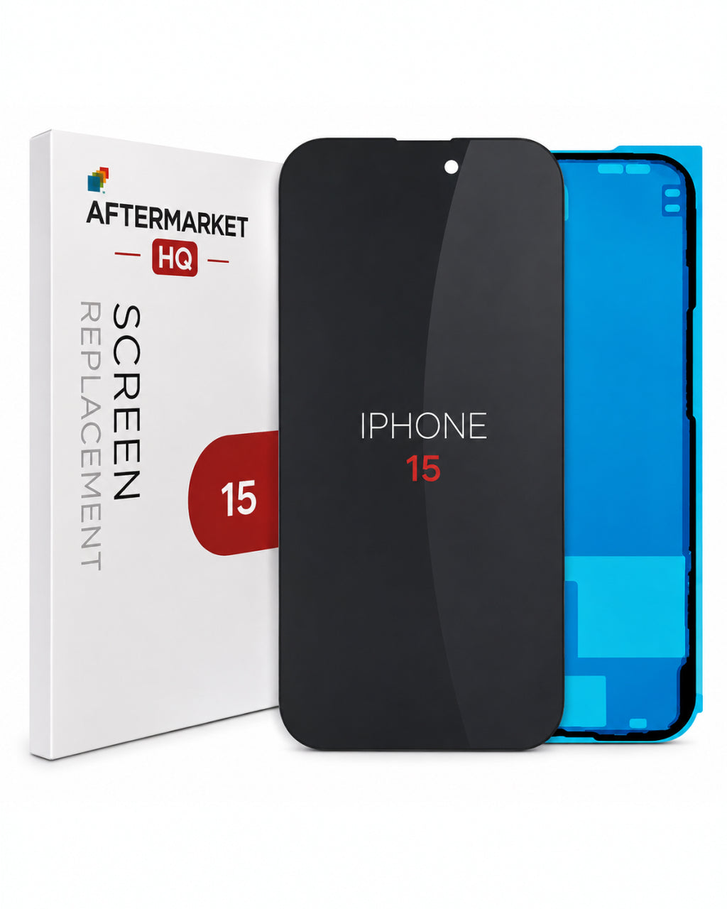 A replacement screen for an iPhone 15 by Aftermarket HQ, shown with its white retail box, a black front glass panel, and a blue rear glass panel on a white background.