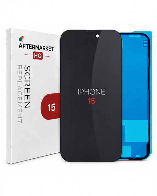 A replacement screen for an iPhone 15 by Aftermarket HQ, shown with its white retail box, a black front glass panel, and a blue rear glass panel on a white background.