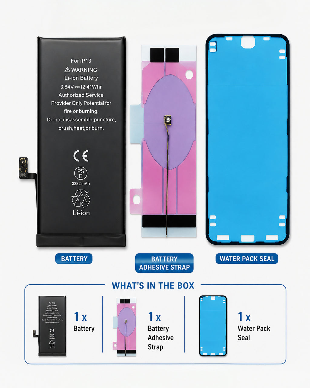 What's included in the box – Premium Aftermarket HQ iPhone 13 battery replacement with installation adhesive