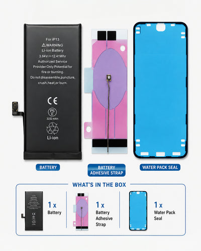 What's included in the box – Premium Aftermarket HQ iPhone 13 battery replacement with installation adhesive