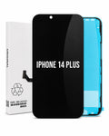 A replacement LCD screen and glass panel for an iPhone 14 Plus, shown with its white original packaging box. The screen is black with white text reading 'IPHONE 14 PLUS', and the blue inner liner is visible behind it.