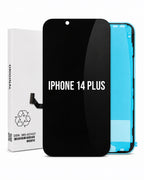 A replacement LCD screen and glass panel for an iPhone 14 Plus, shown with its white original packaging box. The screen is black with white text reading 'IPHONE 14 PLUS', and the blue inner liner is visible behind it.