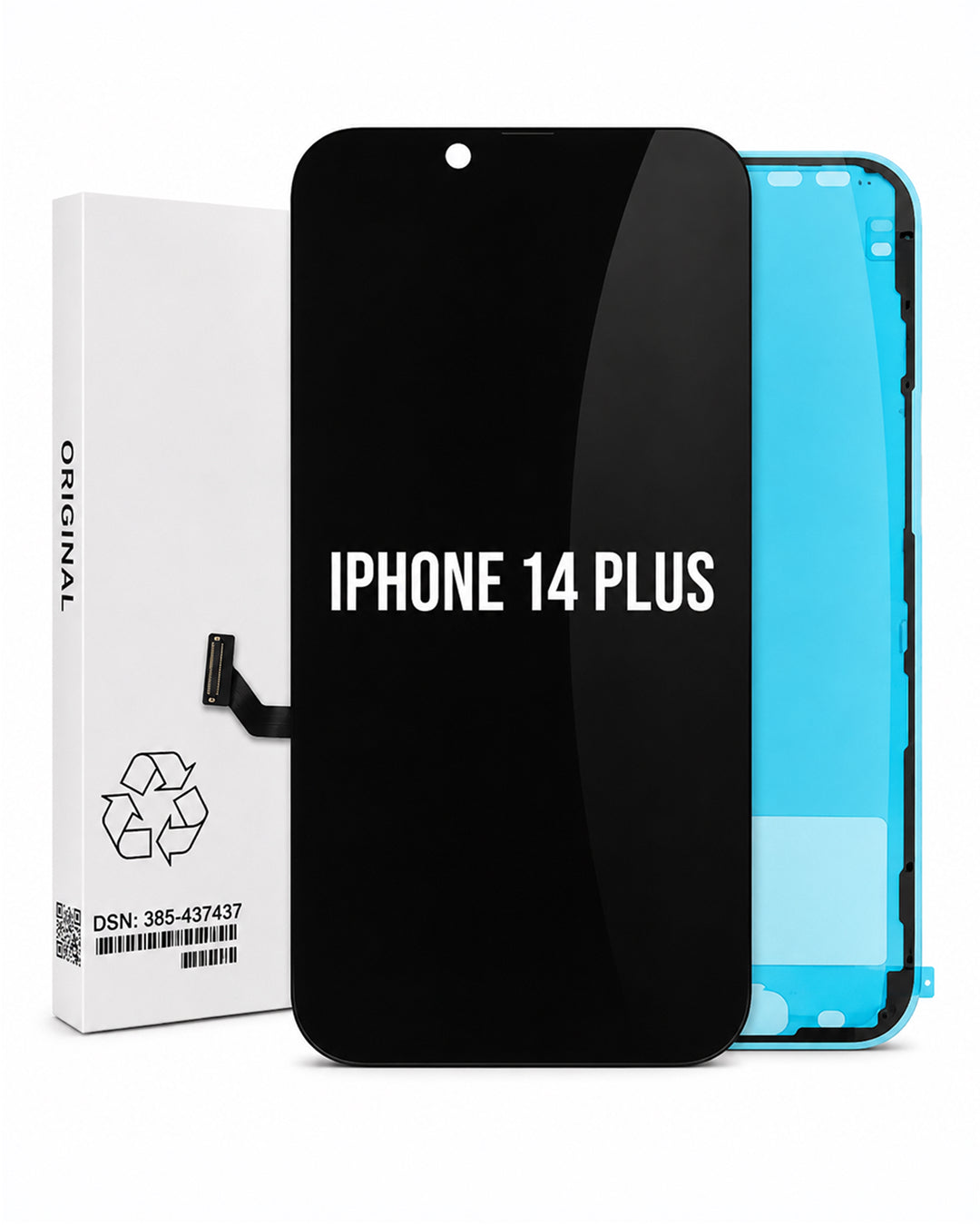 A replacement LCD screen and glass panel for an iPhone 14 Plus, shown with its white original packaging box. The screen is black with white text reading 'IPHONE 14 PLUS', and the blue inner liner is visible behind it.