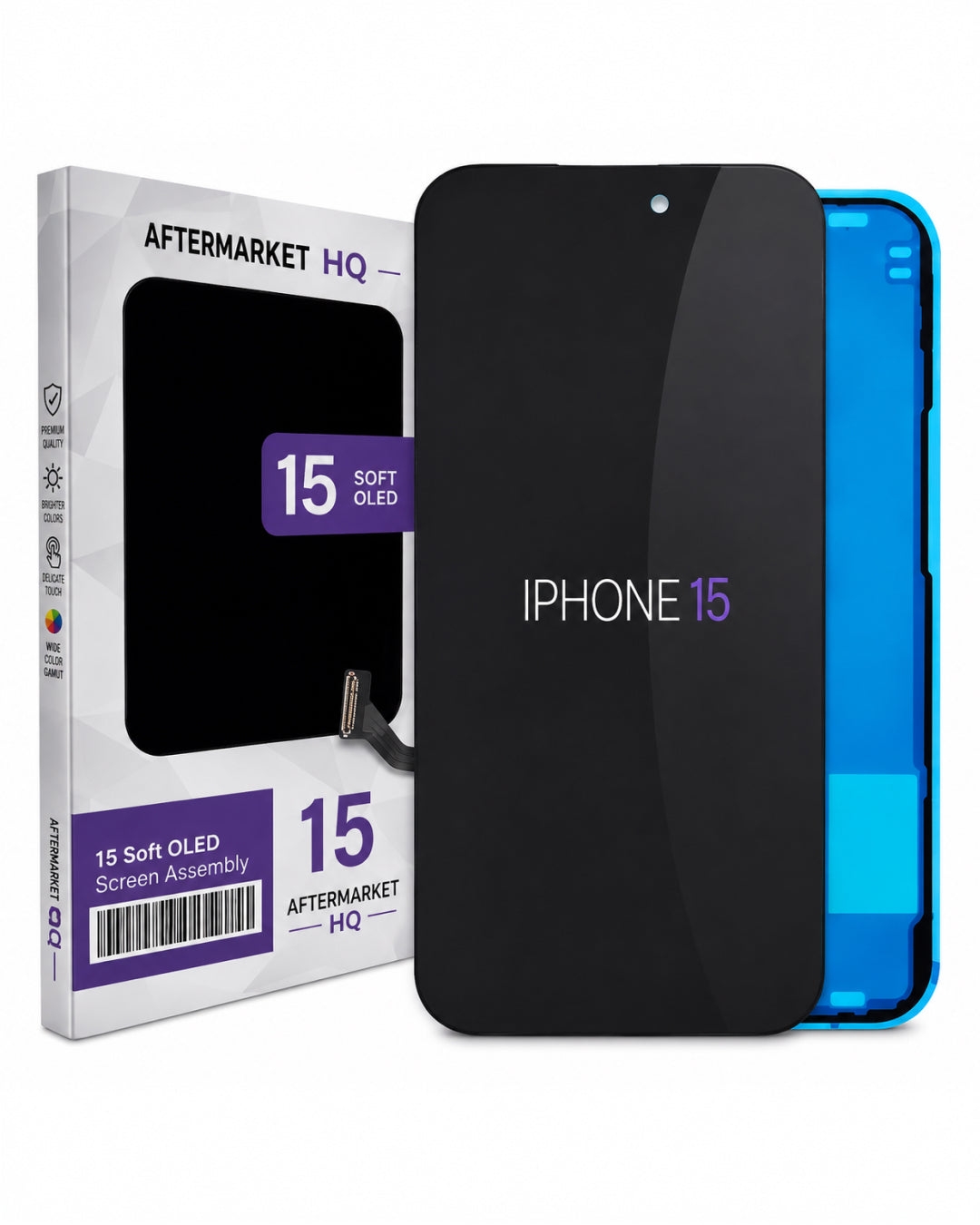 A replacement screen assembly for an iPhone 15, shown with its retail packaging. The front of the screen is black with the white and purple 'IPHONE 15' text, and a blue backing sheet is visible behind it.