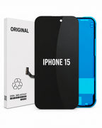 A replacement LCD display panel for an iPhone 15, shown with its white original packaging box on a clean white background. The panel itself is black with white text reading 'IPHONE 15', and a blue inner frame is visible behind it.