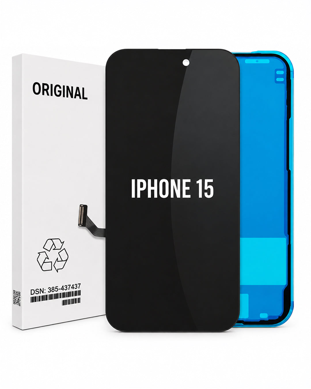 A replacement LCD display panel for an iPhone 15, shown with its white original packaging box on a clean white background. The panel itself is black with white text reading 'IPHONE 15', and a blue inner frame is visible behind it.