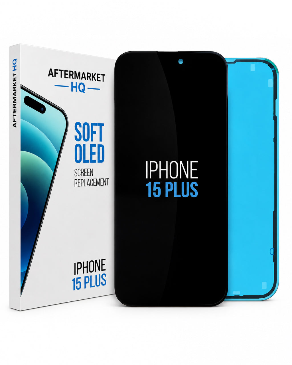 Aftermarket HQ iPhone 15 Plus screen replacement kit, showing the retail box, a black replacement screen with 'IPHONE 15 PLUS' text, and a bright blue phone frame or backing on a white background.