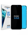 Aftermarket HQ iPhone 15 Plus screen replacement kit, showing the retail box, a black replacement screen with 'IPHONE 15 PLUS' text, and a bright blue phone frame or backing on a white background.