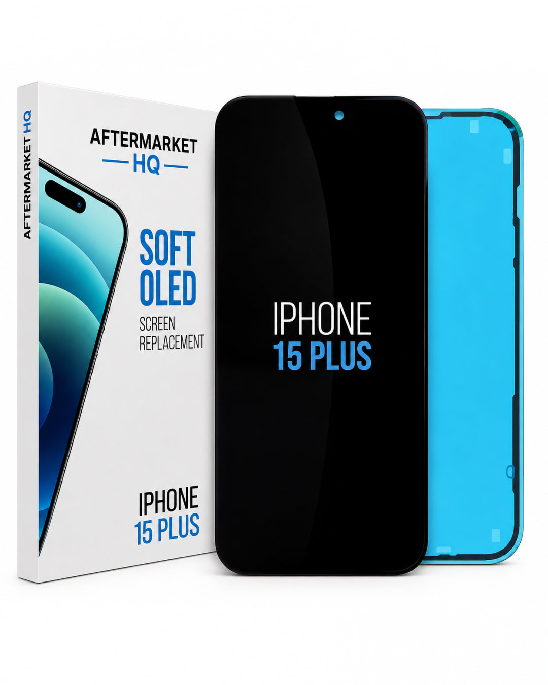 Aftermarket HQ iPhone 15 Plus screen replacement kit, showing the retail box, a black replacement screen with 'IPHONE 15 PLUS' text, and a bright blue phone frame or backing on a white background.