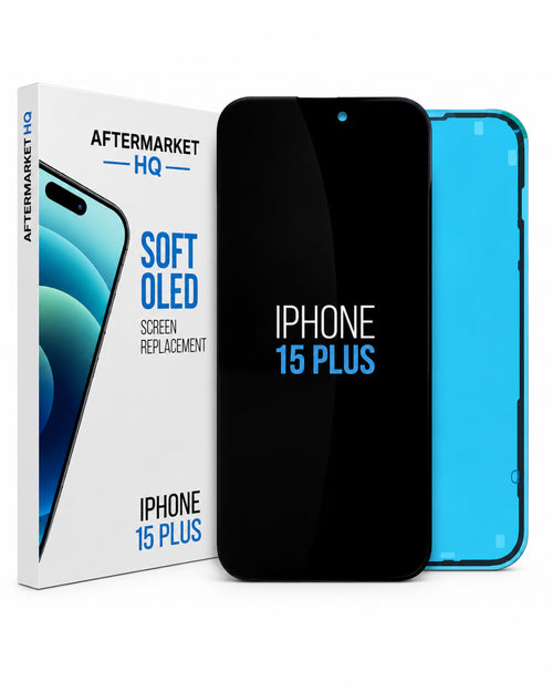 Aftermarket HQ iPhone 15 Plus screen replacement kit, showing the retail box, a black replacement screen with 'IPHONE 15 PLUS' text, and a bright blue phone frame or backing on a white background.