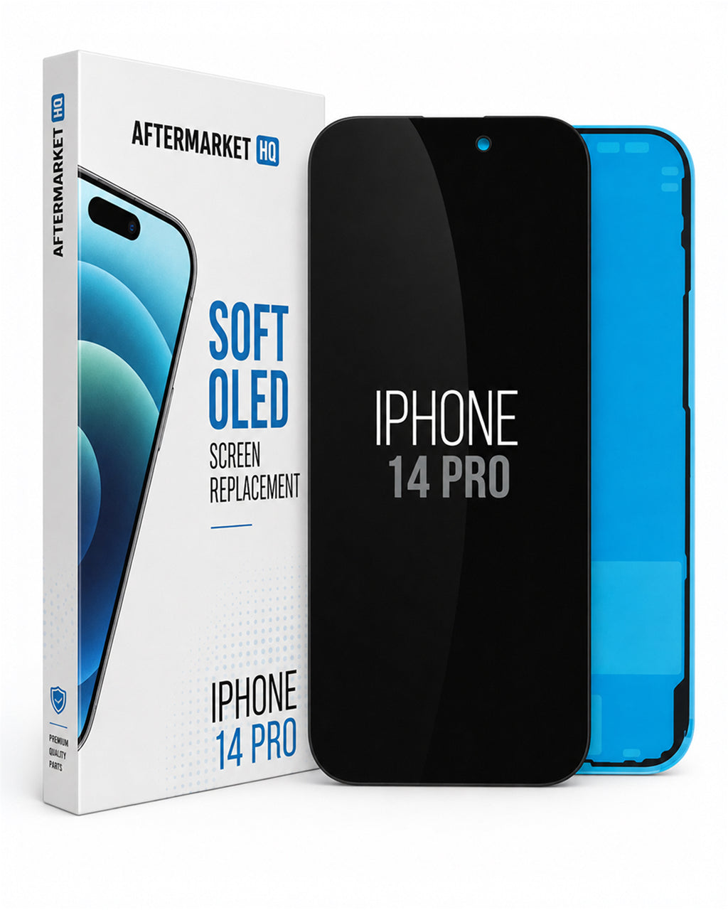 Aftermarket iPhone 14 Pro screen replacement kit, showing the retail box, a black replacement screen, and a blue phone body on a white background.