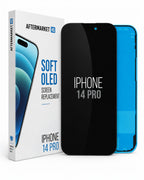 Aftermarket iPhone 14 Pro screen replacement kit, showing the retail box, a black replacement screen, and a blue phone body on a white background.