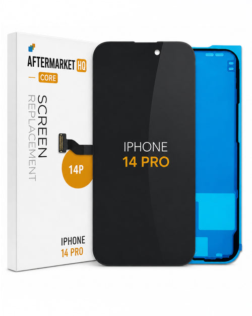 A replacement screen display panel for an iPhone 14 Pro, shown with its white retail packaging box. The screen panel is black with 'IPHONE 14 PRO' printed in white and orange text, and a blue flex cable connector is visible on the left side.