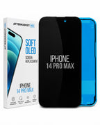 Aftermarket IQ iPhone 14 Pro Max screen replacement kit, showing the retail box, a black replacement glass panel, and a blue phone frame on a white background.