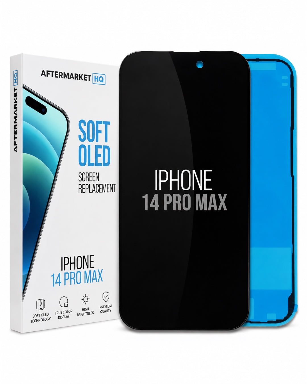 Aftermarket IQ iPhone 14 Pro Max screen replacement kit, showing the retail box, a black replacement glass panel, and a blue phone frame on a white background.