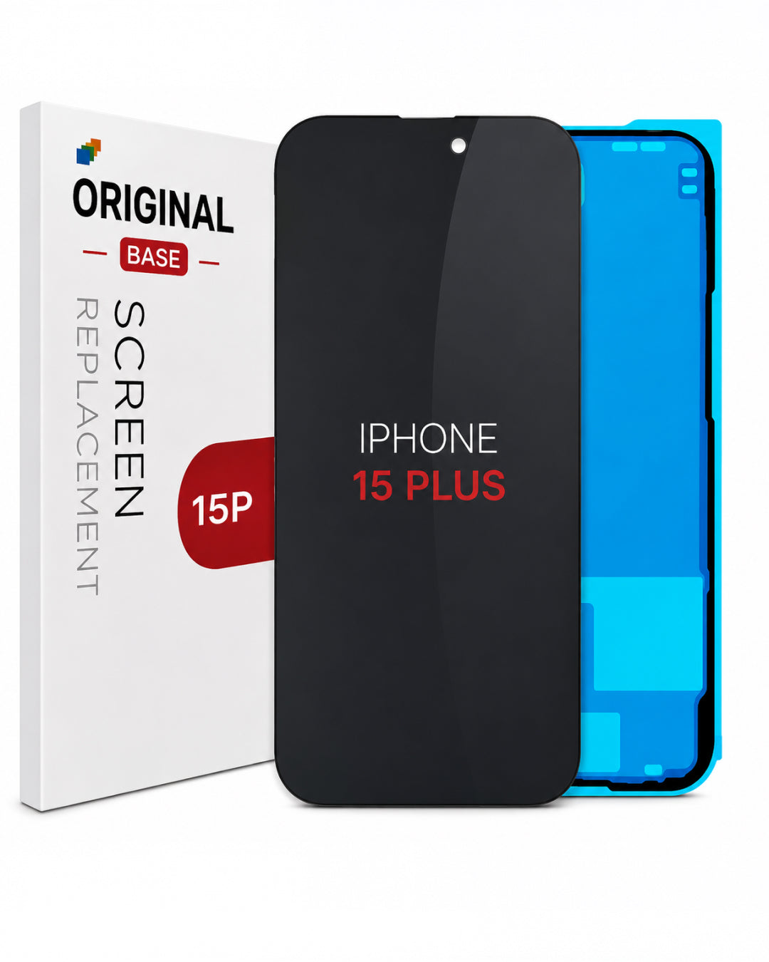 A replacement screen glass for an iPhone 15 Plus, shown with its white packaging box. The screen panel is black with 'IPHONE 15 PLUS' printed on it, and a blue backing sheet is visible behind it.