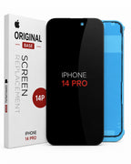 Replacement screen for iPhone 14 Pro, showing the white retail box, a black screen protector mockup, and a blue adhesive film sheet on a white background.