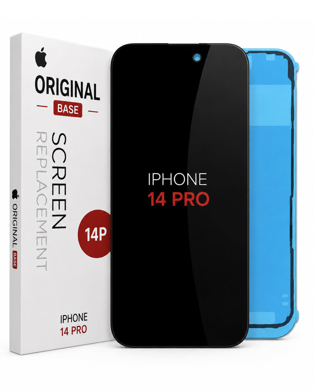 Replacement screen for iPhone 14 Pro, showing the white retail box, a black screen protector mockup, and a blue adhesive film sheet on a white background.