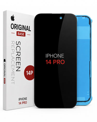 Replacement screen for iPhone 14 Pro, showing the white retail box, a black screen protector mockup, and a blue adhesive film sheet on a white background.