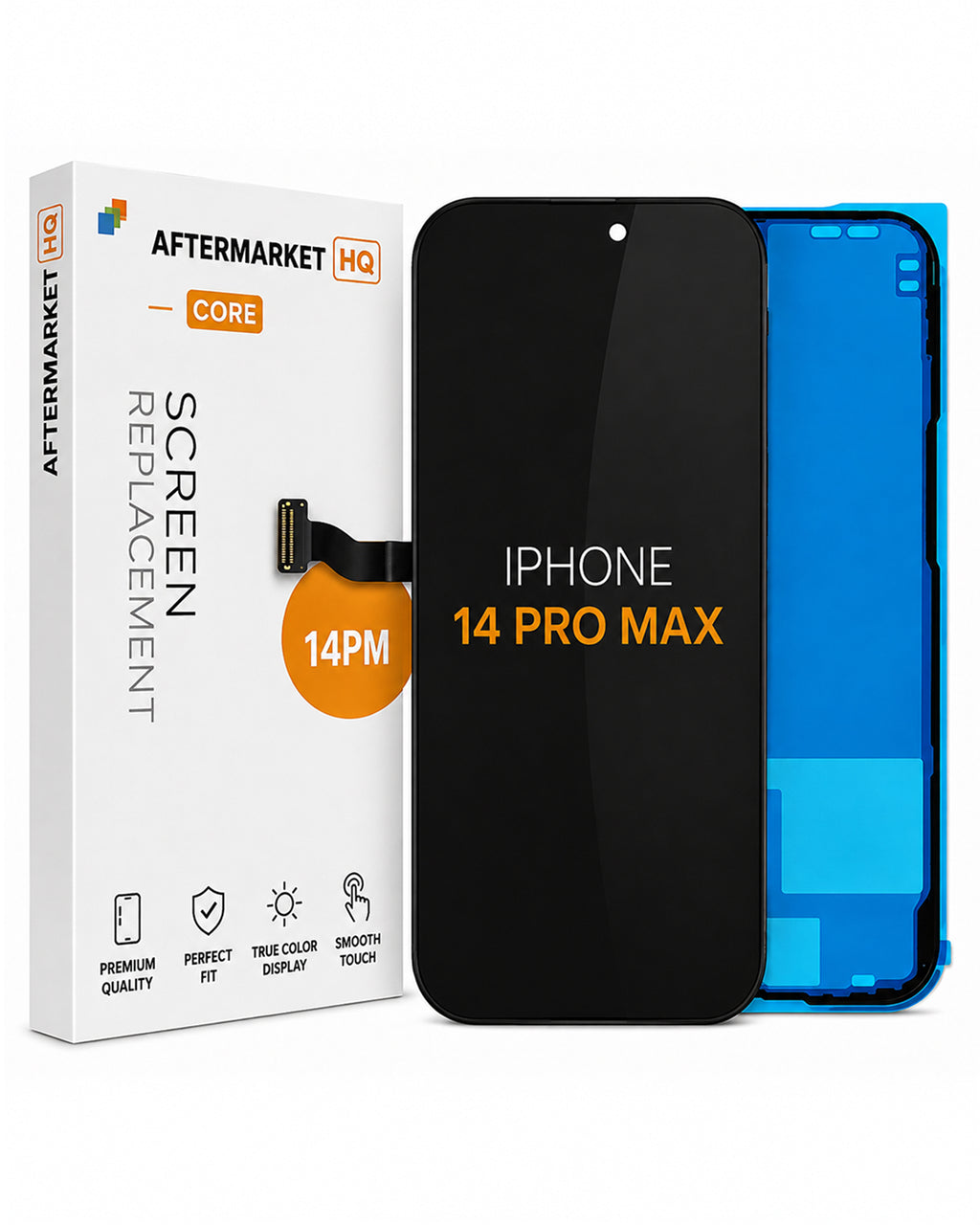 Aftermarket HQ screen replacement for iPhone 14 Pro Max, showing the black replacement screen, the blue inner panel, and the white retail box.