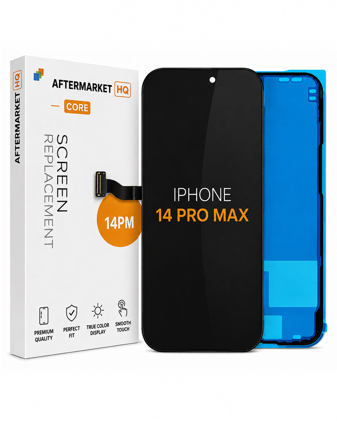 Aftermarket HQ screen replacement for iPhone 14 Pro Max, showing the black replacement screen, the blue inner panel, and the white retail box.