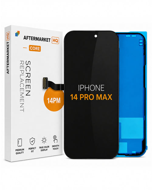 Aftermarket HQ screen replacement for iPhone 14 Pro Max, showing the black replacement screen, the blue inner panel, and the white retail box.