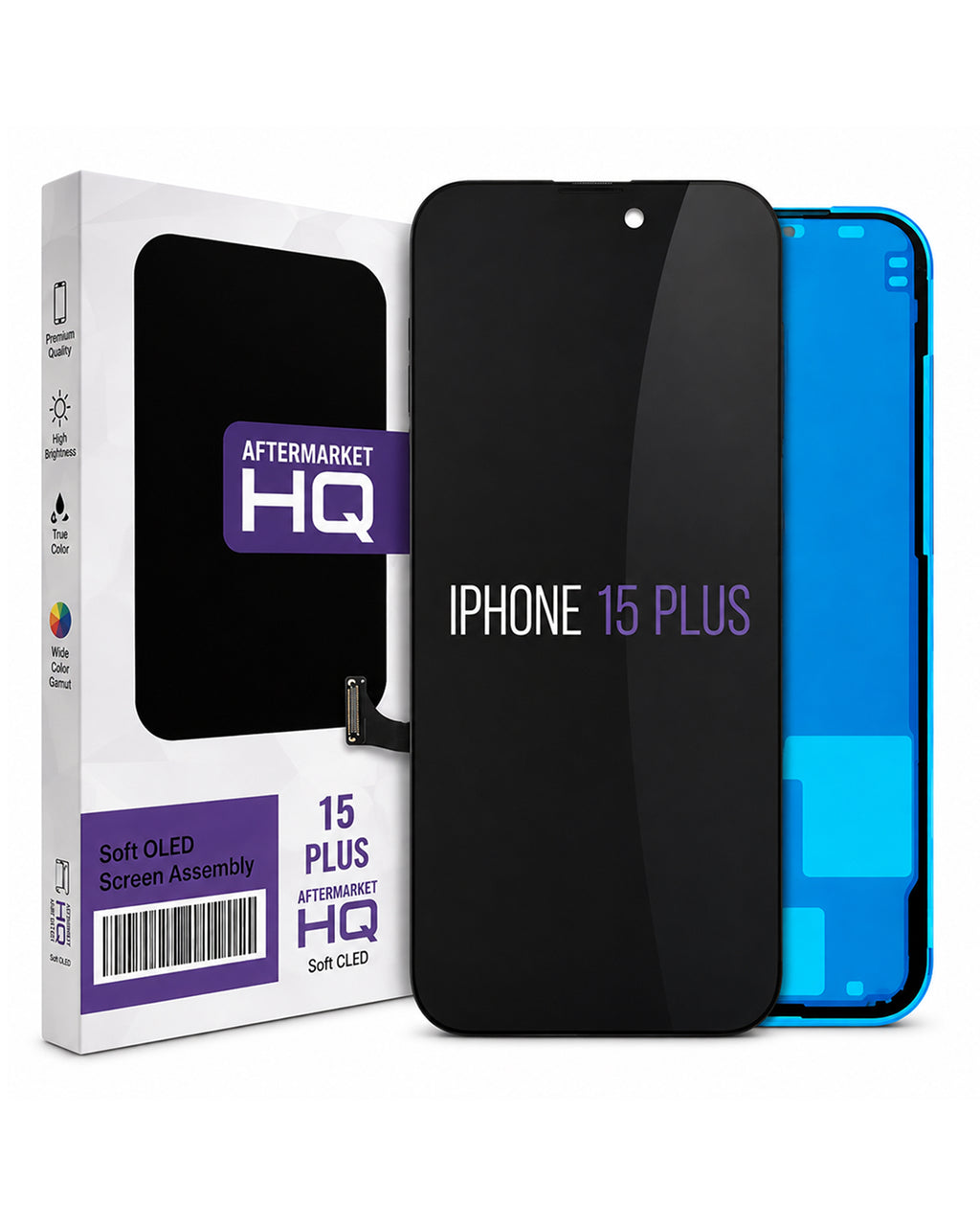 Aftermarket replacement screen assembly for an iPhone 15 Plus, showing the black front glass panel with purple text, the blue back of the phone, and the white and purple retail packaging box.