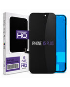 Aftermarket replacement screen assembly for an iPhone 15 Plus, showing the black front glass panel with purple text, the blue back of the phone, and the white and purple retail packaging box.