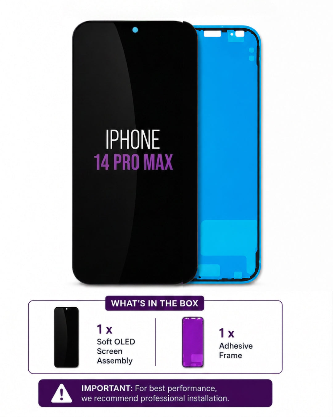 An iPhone 14 Pro Max replacement screen assembly shown from the front and back, with a black front panel and a bright blue back panel. The image includes text indicating 'IPHONE 14 PRO MAX' and a 'What's in the box' section listing a soft OLED screen assembly and adhesive frame.