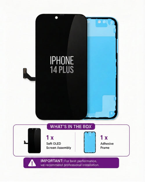An iPhone 14 Plus replacement screen digitizer display assembly, showing the black front glass panel with 'IPHONE 14 PLUS' text and the blue adhesive frame behind it. A product summary banner at the bottom lists the included soft OLED screen assembly and adhesive frame.