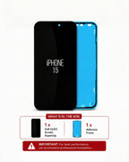 A replacement iPhone 15 screen assembly shown on a white background, with the front black glass panel and the blue adhesive frame behind it. Below the phone assembly is a boxed contents callout labeled 'WHAT'S IN THE BOX' and an installation reminder.