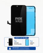 A replacement iPhone 14 Plus screen display assembly shown front and back on a light gray background, with a 'What's in the box' summary and installation note below.