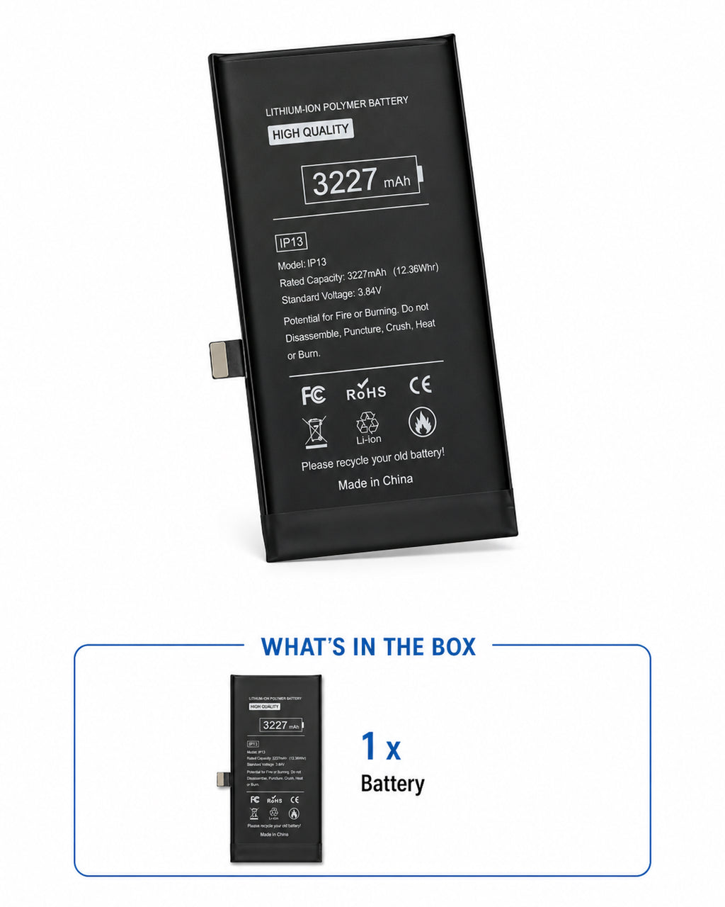 What's included in the box – Aftermarket HQ Connect battery for iPhone 13