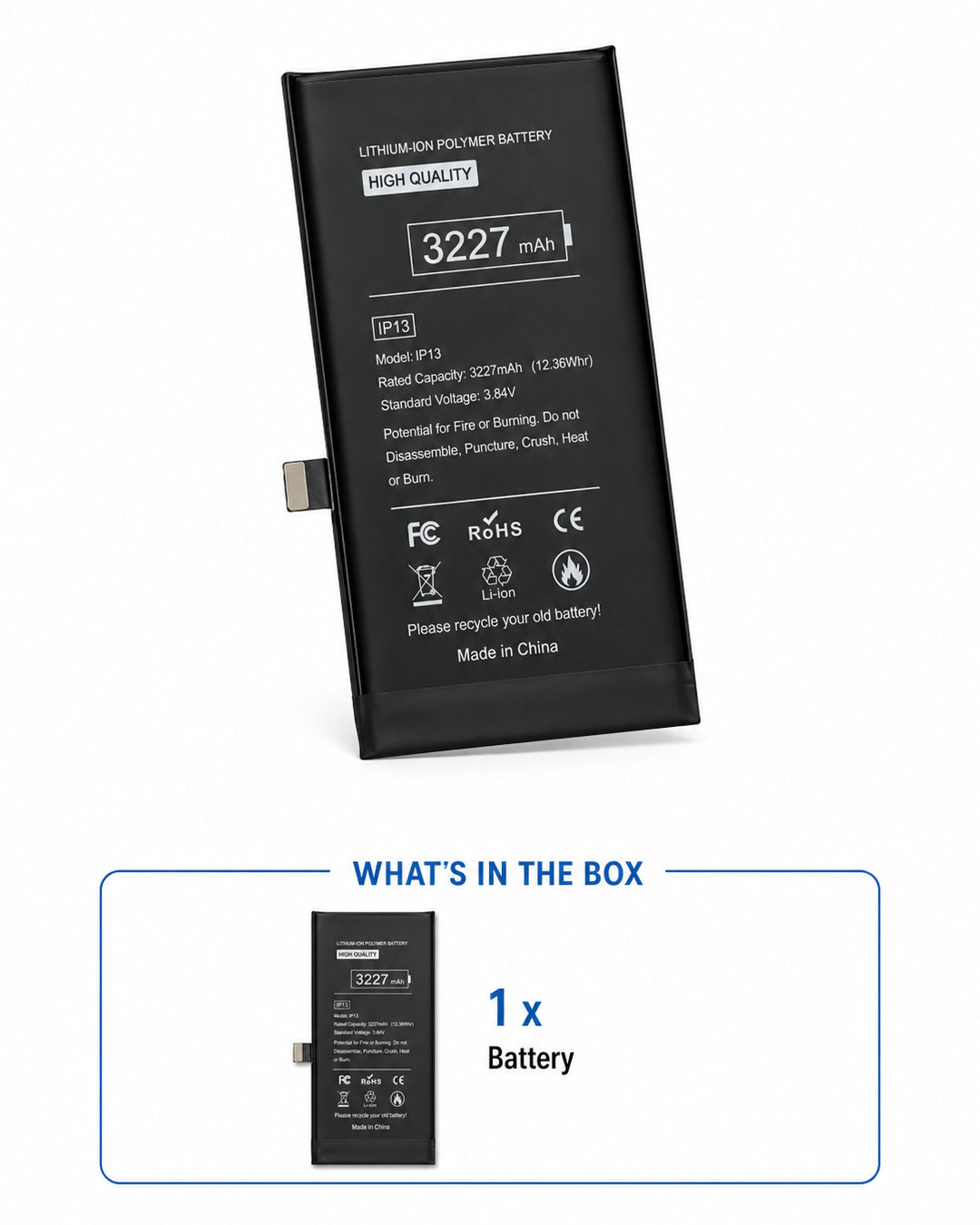What's included in the box – Aftermarket HQ Connect battery for iPhone 13