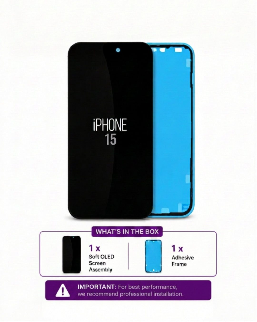 A replacement iPhone 15 screen display assembly shown front and back on a white background, with a box contents label below indicating one soft OLED screen assembly and one adhesive frame.